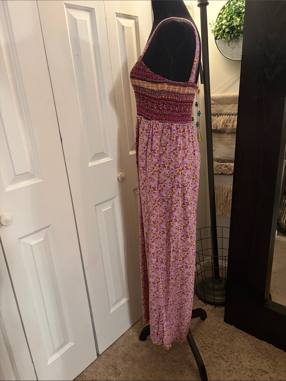 Smocked Floral Wide-Leg Jumpsuit in Lavender Pink - Picture 3 of 8